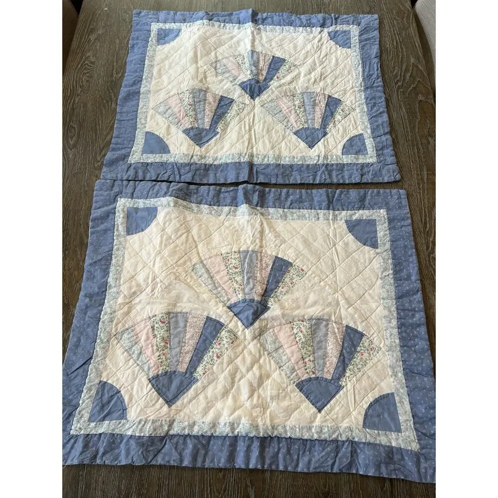 VTG Quilted Patchwork Pillow Shams Set Of 2 Hand Stitched Queen Fan Print